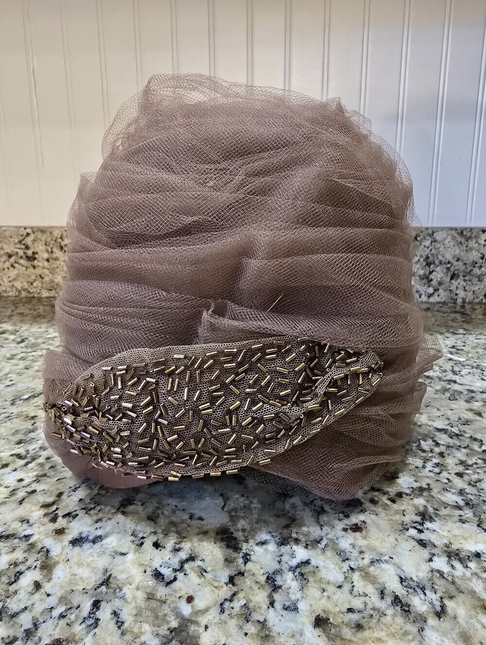 Schiaparelli Paris Vtg 60s Brown Pleated Beaded Tulle Cap Hat